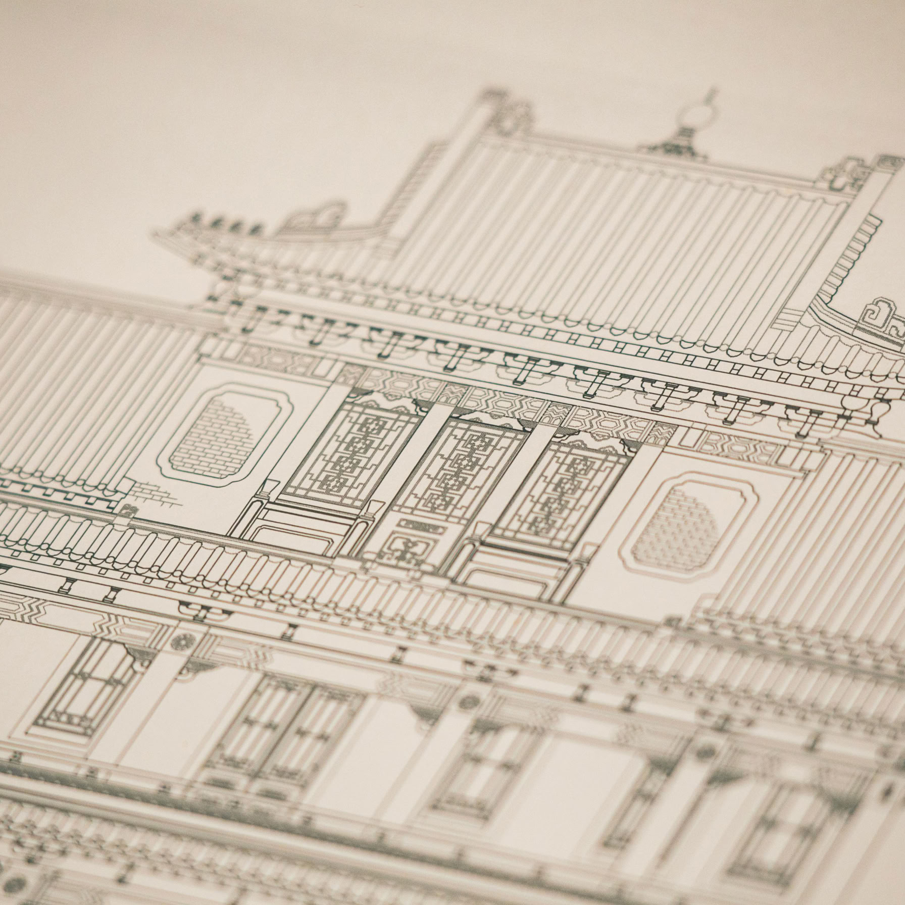 Detailed drawing of a traditional building showcasing intricate architectural design elements.